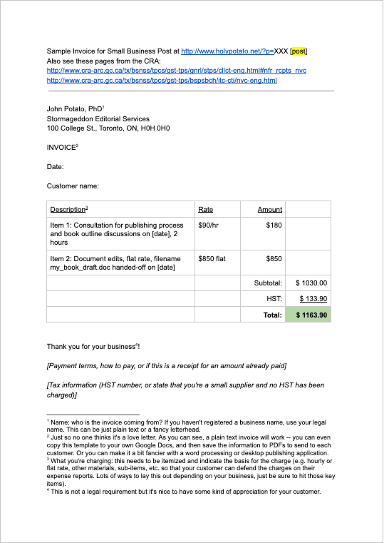 Thumbnail for Canadian Invoice Template (Google Docs)