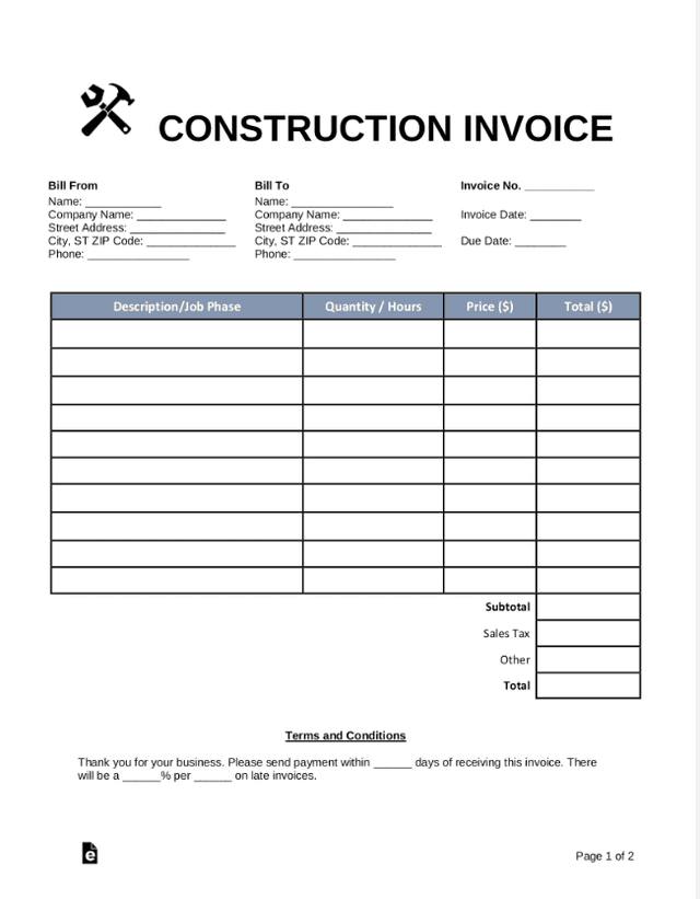 Thumbnail for Construction Invoice Template (Word)